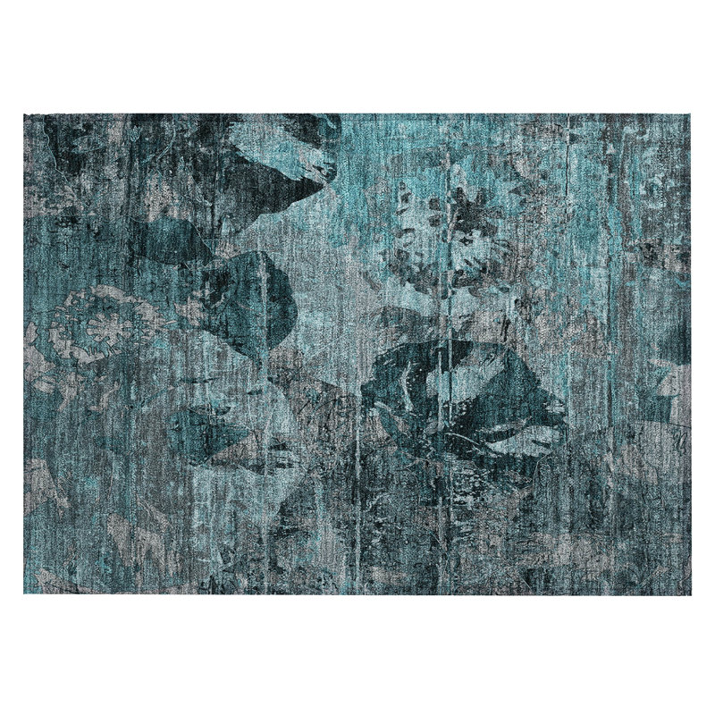 2' X 3' Teal and Gray Floral Washable Non Skid Indoor Outdoor Area Rug