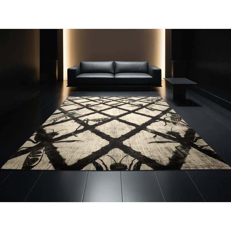 Machine Washable Oryn Praying Mantis Traditional Trellis Rug in Beige – Black Binding, 5 x 7