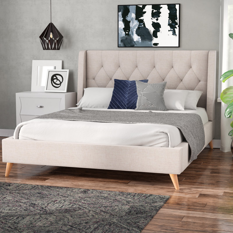 Lit plateforme tapissier capitonné Charlyee, Très grand, Beige clair