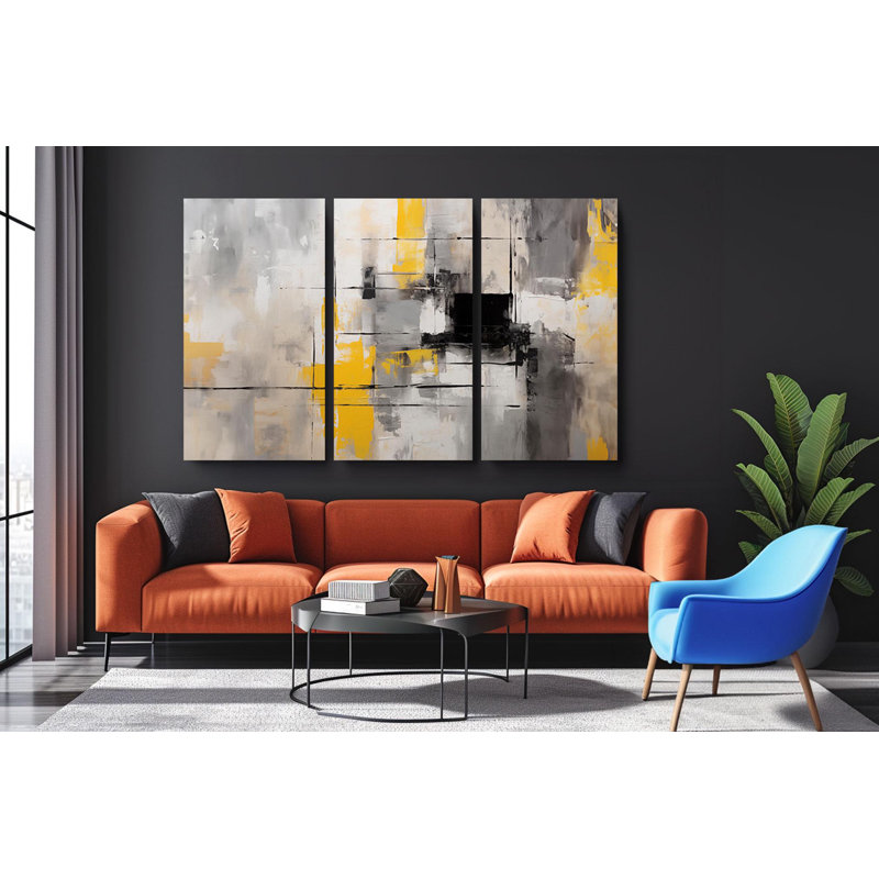 «Triptych Canvas Wall Art», ensemble de toiles abstraites grises, jaunes et noires - art mural moderne pour la décoration de salon, la reproduction de peinture
