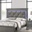 Grand lit moderne avec tête de lit en similicuir gris foncé et éclairage à DEL en bois massif avec tête de lit contemporaine