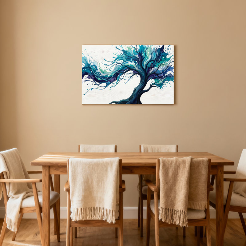 Ensemble de 1 tableau abstrait bleu représentant un arbre aquatique sur toile tendue, H 12 po x l 18 po