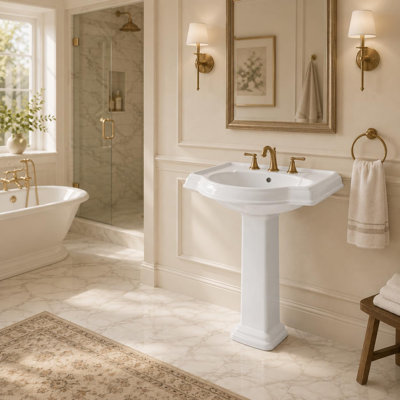 24 in. W x 19 in. D x 33.5 in. H Classic Ceramic Pedestal Sink with 4 in. Centerset 3-Hole Faucet, Freestanding Bathroom Washbasin for Powder Room, Guest Bath and Small Bathroom, White
