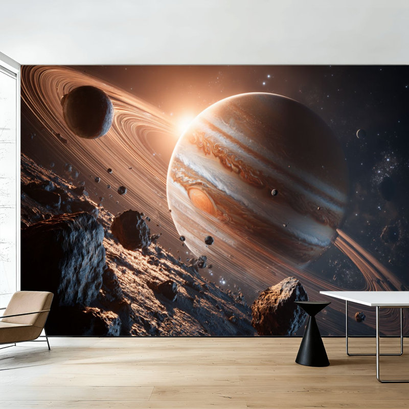Papier peint adhésif pelez et collez Scène de l'espace extra-atmosphérique Lunes géantes gazeuses Ceinture d'astéroides Lointain soleil Art mural auto-adhésif et amovible