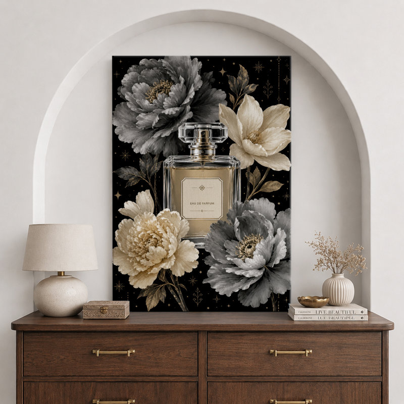 Bouteille de parfum noir doré avec des fleurs élégantes, images de chambre à coucher, impression sur toile encadrée