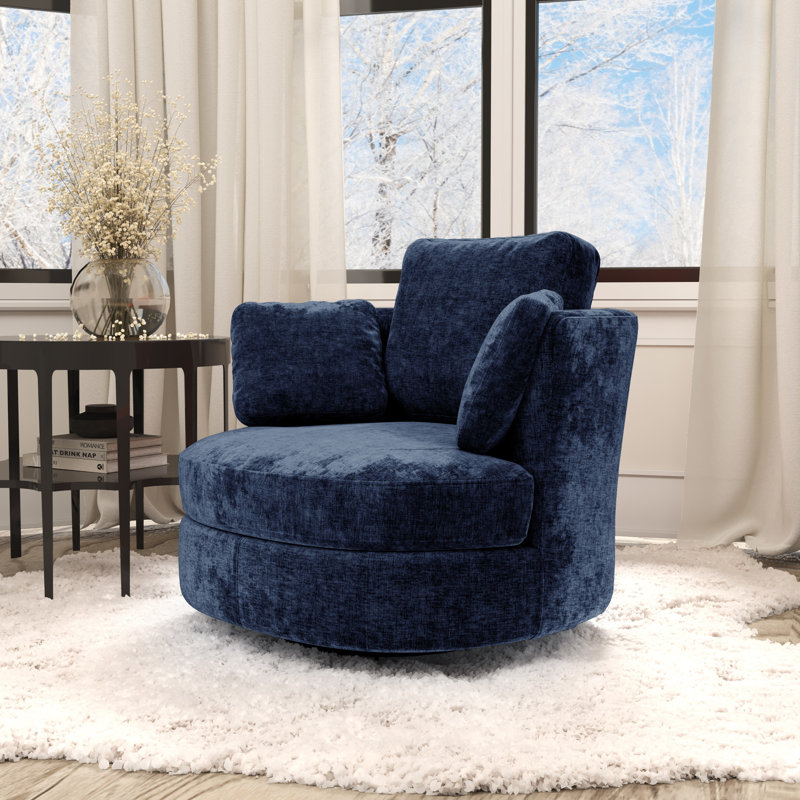 40.35"w Upholstered Cheniile Barrel Accent Swivel Chair, Navy