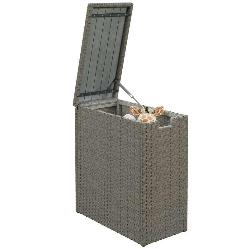 17 Gallon Wicker Small Deck Box, PE Rattan Outdoor Storage Box with Slatted Acacia Wood Flip Top for Indoor, Patio Furniture Cushions, Pool Supplies, Garden Tools, UV Resistant