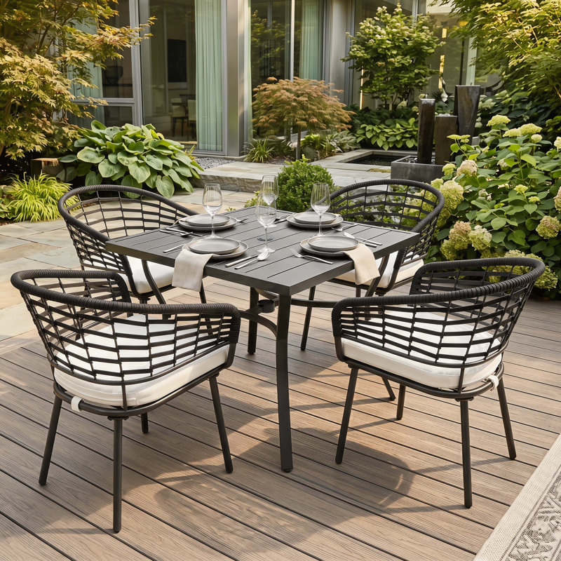Outdoor 5-Piece Woven Rope Dining Set with Cushions, Square, 4