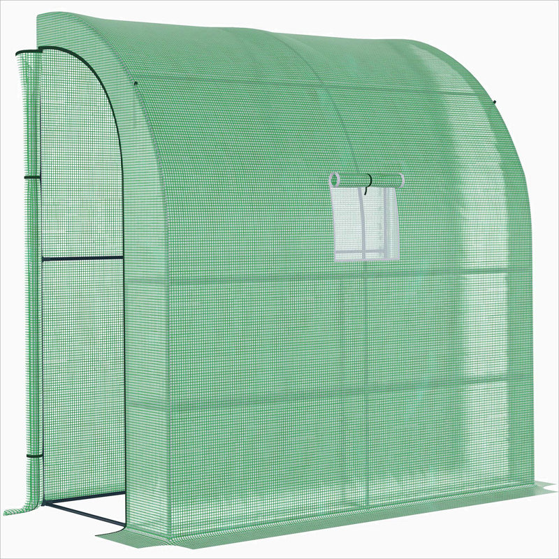 7' X 3' X 7' Lean To Greenhouse, Walk-In Green House, Plant Nursery With 2 Roll-Up Doors And Windows