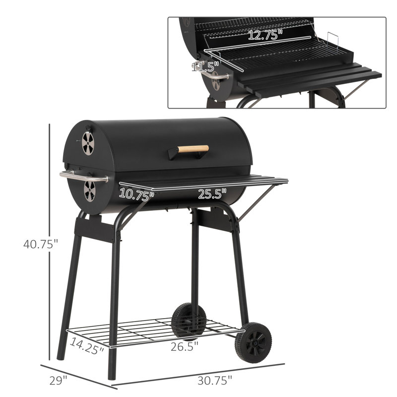 30" Portable Charcoal Bbq Grill, - Steel Outdoor Smoker With Wheels & Storage Black Grill Shelf For Picnic