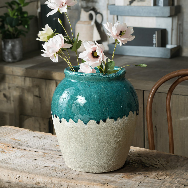 Vase de table décoratif texturé rustique en terre cuite vert 11,4 po H