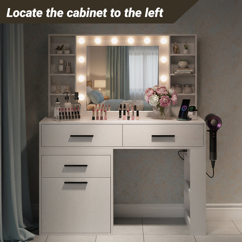 Modern Large Vanity Desk with Mirror and Lights, Makeup Vanity with 3 Color Light Modes, Vanity Table with 3 Drawers, 6 Shelves, 2 Side Shelves & Large Telescoping Side Cabinet, Built-in Power Outlet