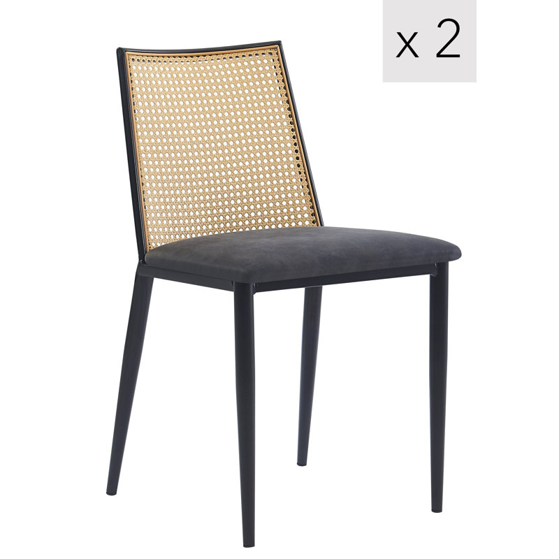Ensemble de 2 chaises Fitzsimons en métal avec dossier en canne et sièges en similicuir noir