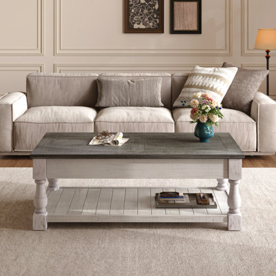Table basse de style champêtre avec plateau relevable de 119 cm (47 po) et 3 plateaux de rangement dissimulés, table basse centrale en bois massif avec tablette inférieure ouverte, gris antique et blanc vieilli