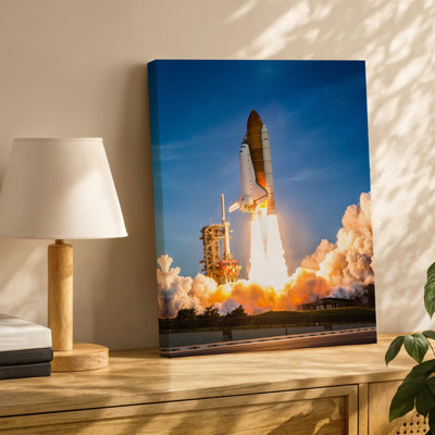 Canvas A Majestic Space Shuttle Launching Into A Clear Blue Sky Wall Art Surrounded By Billowing Clouds Of Smoke And Vapor From Its Canvas Wall Art