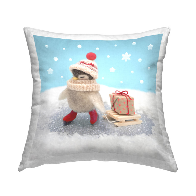 Holiday Penguin and Sled Decorative Square Throw Pillow