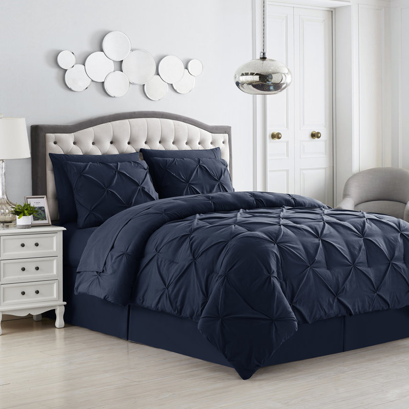 8 Piece Bed In A Bag Pintuck Comforter Set with Bed Sheets, Navy, Queen