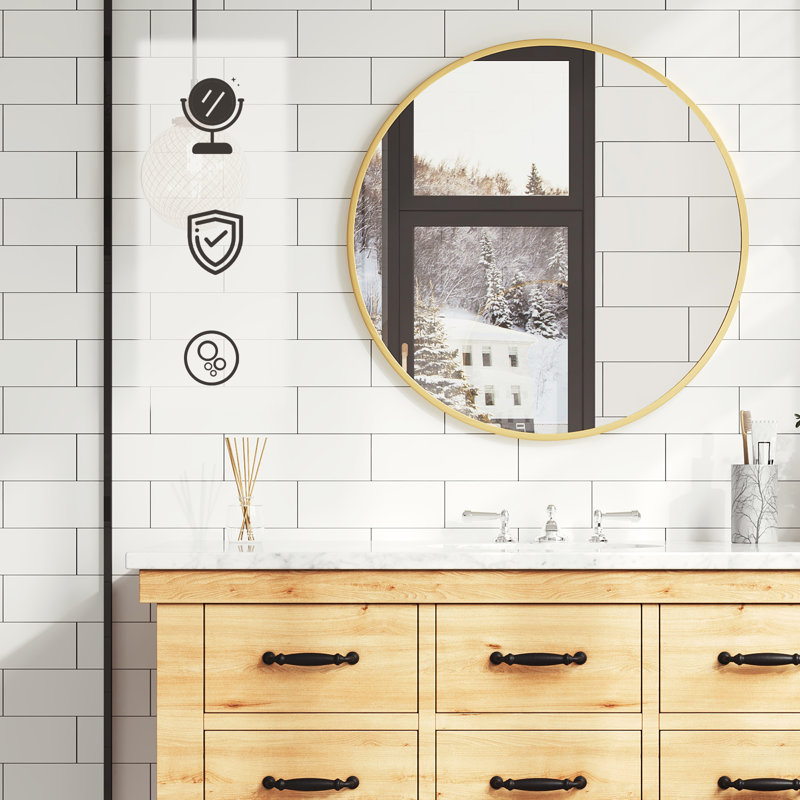 Round Wall Mirror, 71Cm Bathroom Mirror Wall Mounted High Definition, Golden Metal Frame, Mdf Back Panel, For Living Room Bedroom Hallway