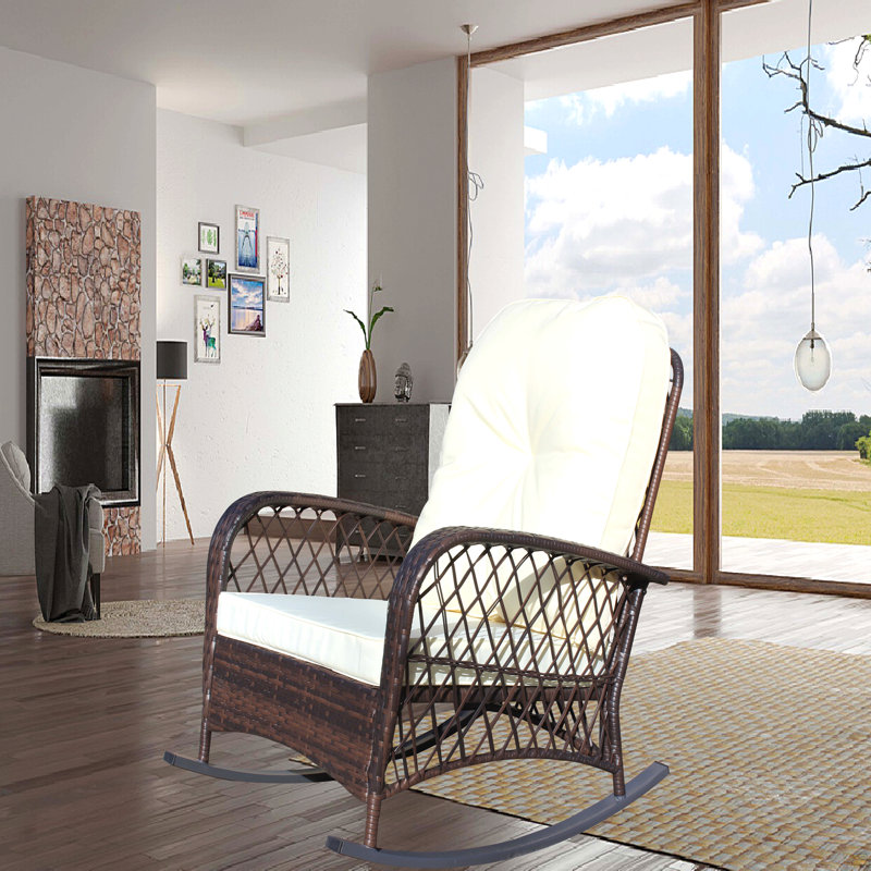 Chaise berçante d'extérieur en osier à assise large, coussin épais et moelleux, Beige