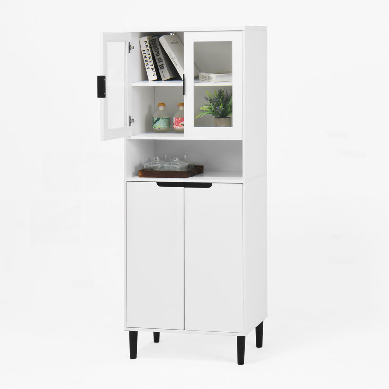 Bibliothèque de rangement haute en verre trempé avec panneau réglable, armoire à 4 portes en panneau de fibres à densité moyenne, blanc, rangement dans la chambre du salon