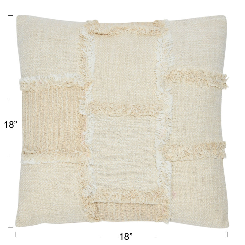 18" Beige Cotton and Wool Patchwork Pillow with Frayed Edges