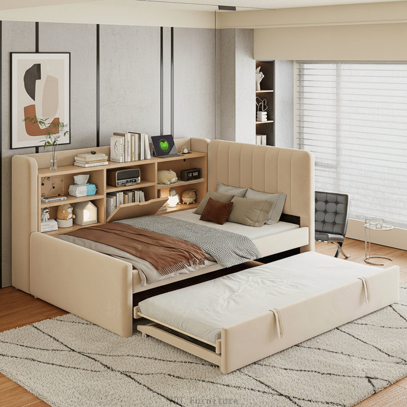 Upholstered Daybed with Trundle, Storage Shelves, USB & Outlet For Bedroom, Beige