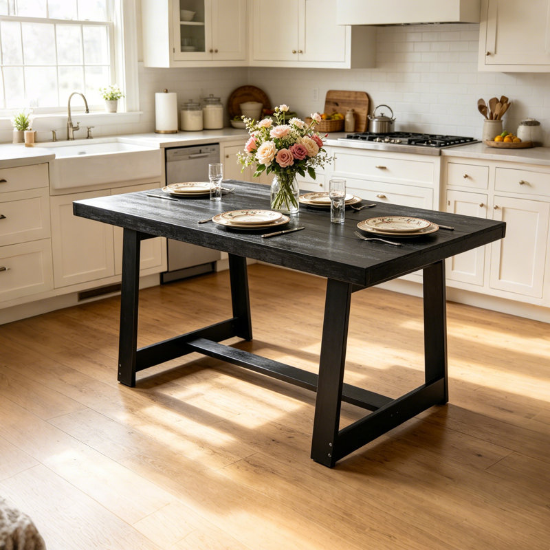 47" Solid Wood Dining Table For 4, Farmhouse Kitchen Table For Small Spaces, Black