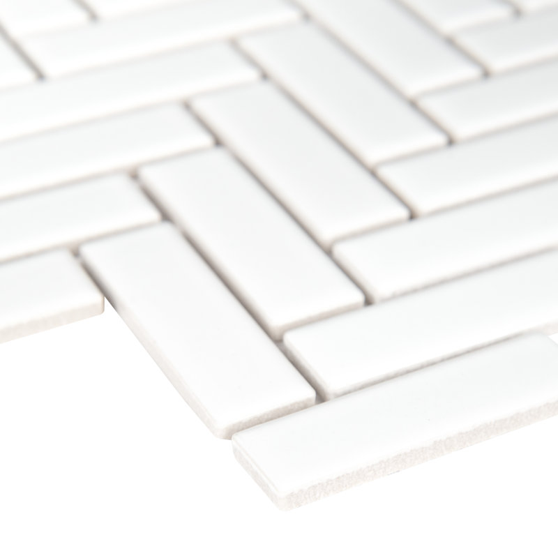 Silica White Herringbone 13 in. x 13 in. Glossy Porcelain Mosaic Floor and Wall Tile
