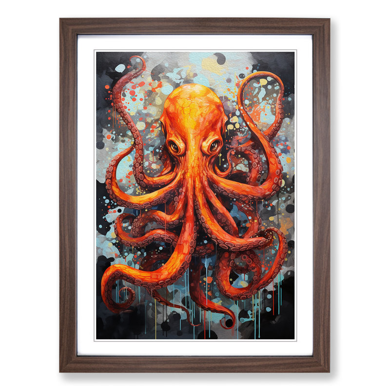 Octopus Modern - Single Picture Frame Print on Wood, 34cm H x 25cm W x 2cm D, Walnut
