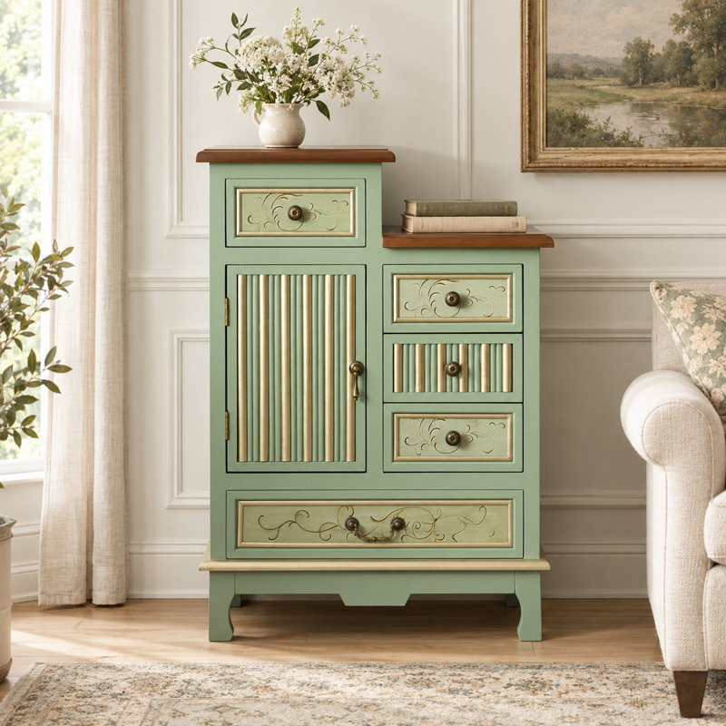 Commode décorative en bois sculpté 1 porte Fienley Farmhouse avec 5 tiroirs, armoire vert sauge, plateau brun rustique, Vert