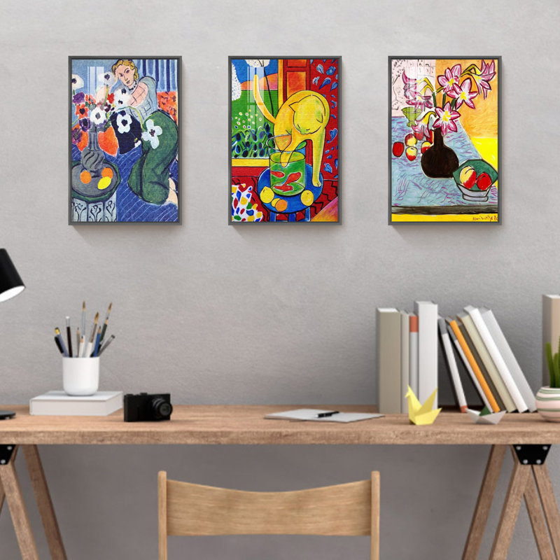 Ensemble de 3 toiles murales Matisse, "Chat et lis" par Henri Matisse, Noir, noir, noir, noir, H 16 po x l 36 po x P 1 po