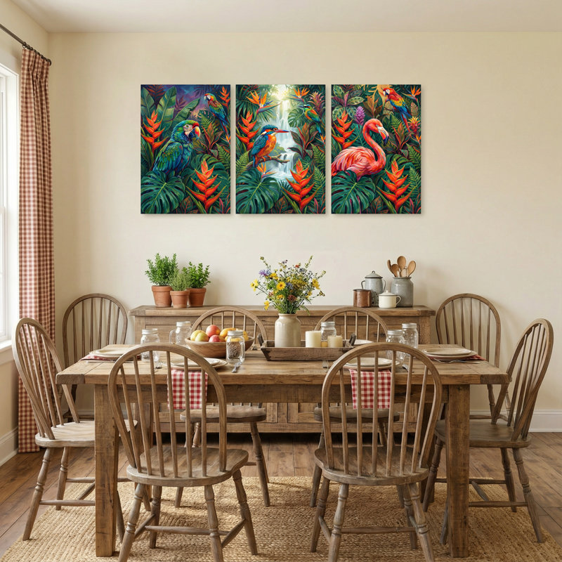 Animaux, oiseaux tropicaux et plantes de la jungle luxuriante, ensemble de 3 impressions sur toile, H 36 po x l 72 po