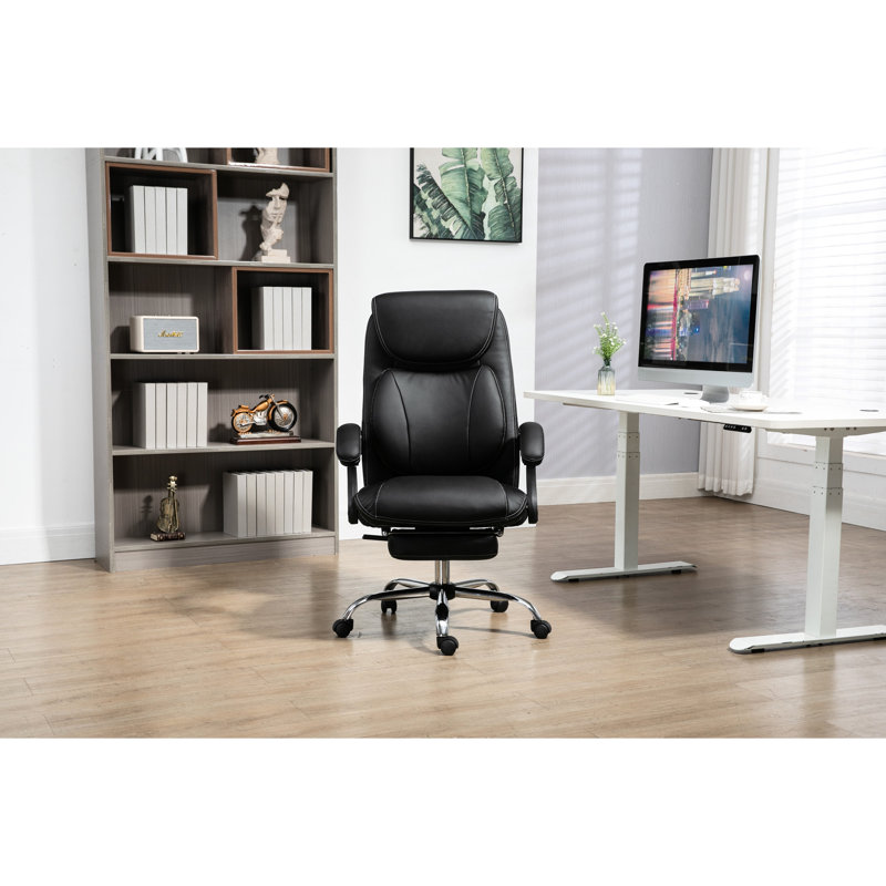 Grande et grande chaise de bureau en cuir PU noir - Dossier haut ergonomique avec repose-pieds, dispositif de soulagement de la douleur, rotation à 360 °, dossier inclinable réglable, confort inconfortable, pivotant,