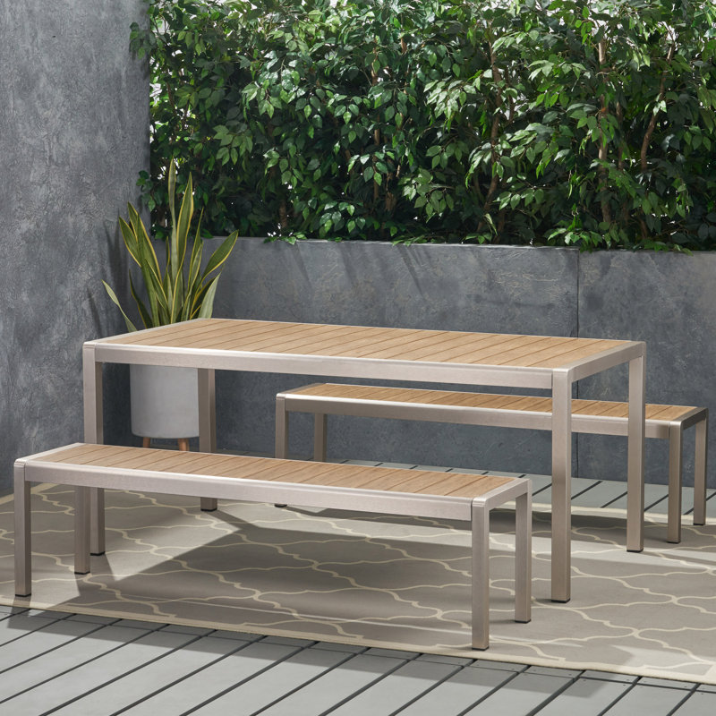 Chesterbrook 70.75" L Rectangular Dining Set, Natural, 3 Pieces: Table, 2 Benches