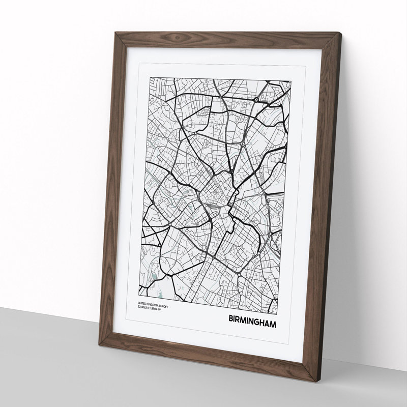 Map Birmingham UK - Picture Frame Graphic Art, 48cm H x 36cm W x 2cm D, Walnut Framed