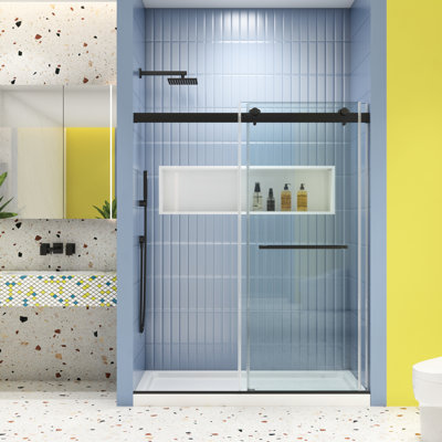 Porte de douche coulissante avec fermeture en douceur - Verre trempé 5/16 po, noir mat, fuite, fuite de verre facile à installer, système