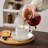 6-Piece Stackable White Ceramic Mug & Saucer Set With Silver Display Rack | 9 Oz Latte Cups, Complete Serving Set For 6-122829690