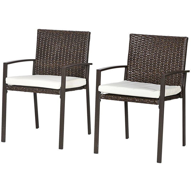 2 Piece PE Rattan Outdoor Dining Chairs With Cushion, Patio Wicker Dining Chair Set With Backrest, Armrests For Patio, Deck, Garden