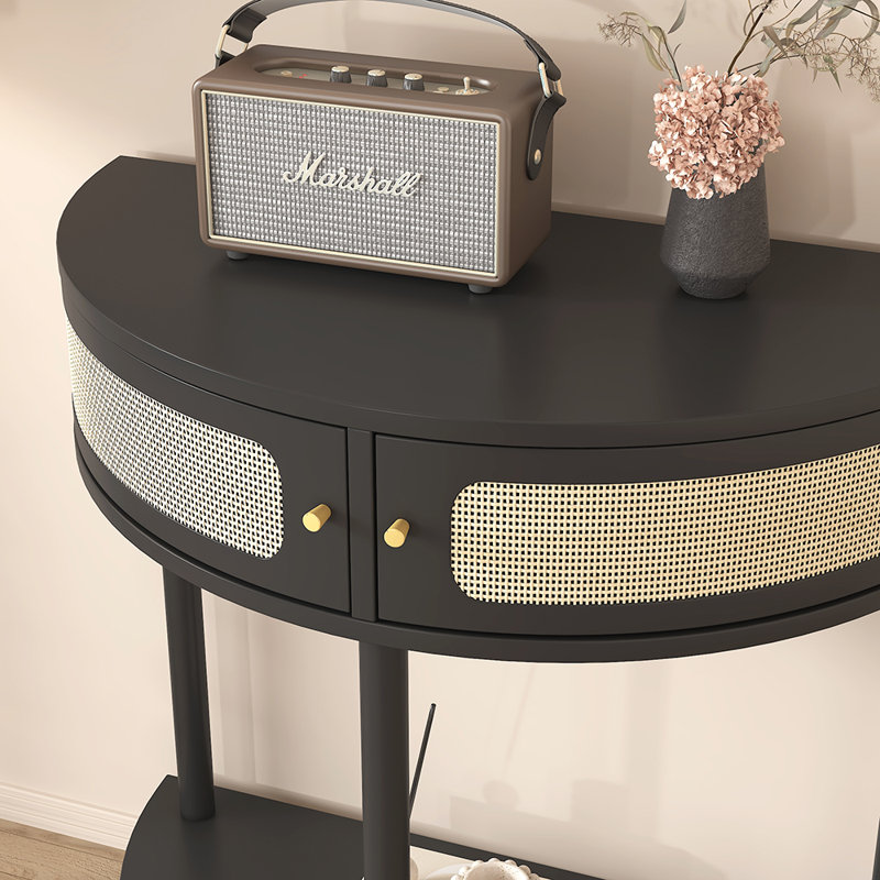 Half Moon Design End Table with Sliding Rattan Door