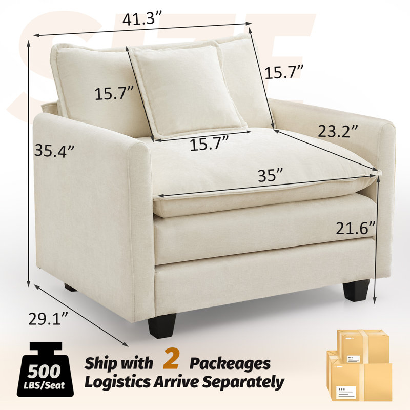 Fauteuil d'appoint rembourré en chenille de 41,3 po de largeur avec siège très profond, Beige