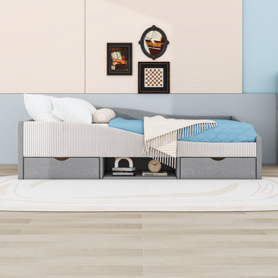 2 Drawers Wood Daybed Frame Bed with Built-in Shelves