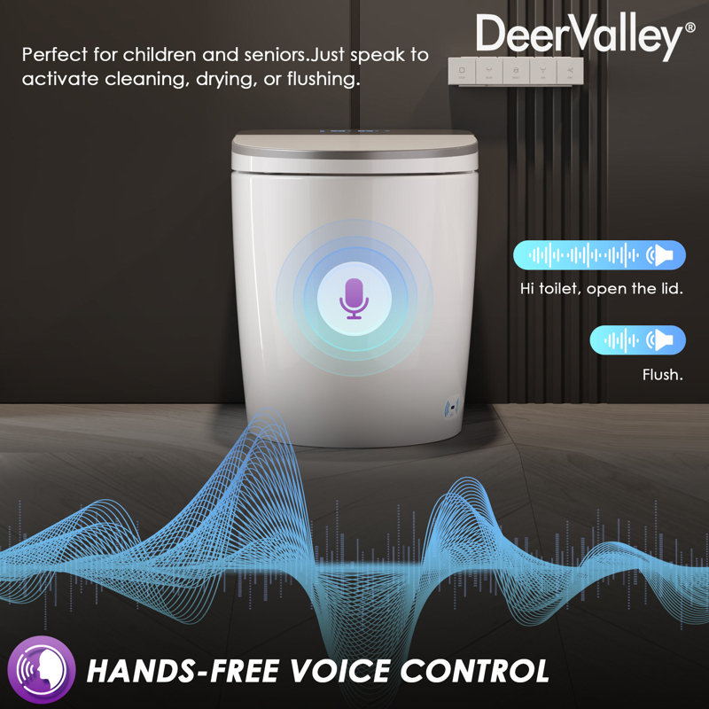 DeerValley Voice-Activated Smart Bidet Toilet: Foam Shield Splash-Guard, Auto Open/Close Lid, 17" ADA Comfort Height and Zero-Pressure Flush