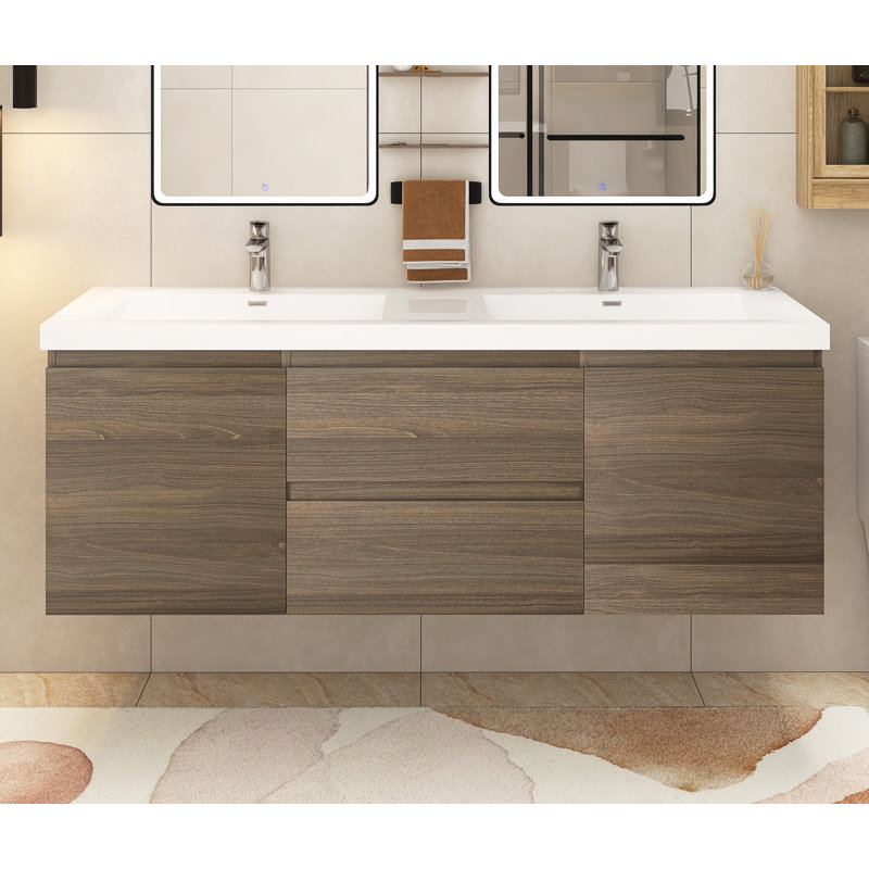 Scheuerman 59 " W Wall Mounted Wall Mounted 2 Double Vanity Bathroom Vanity With Resin Top, Gray