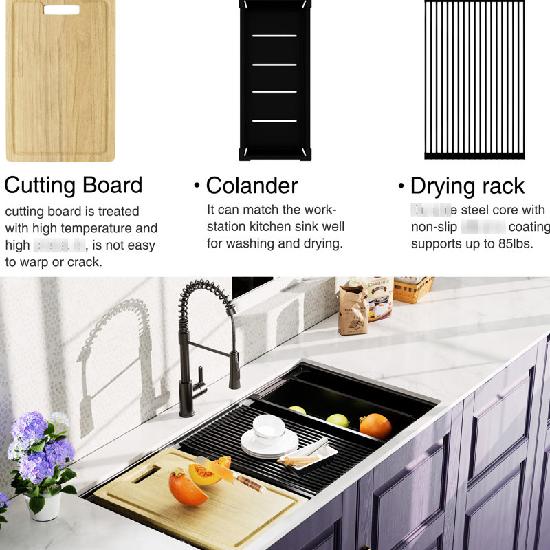 All In One Gunmetal Black Double Bowl Kitchen Sink 33X19inch - 18 Stainless Steel With Faucet, Strainer Drain, Deep Colander, Towel, Heavy Duty Workstation