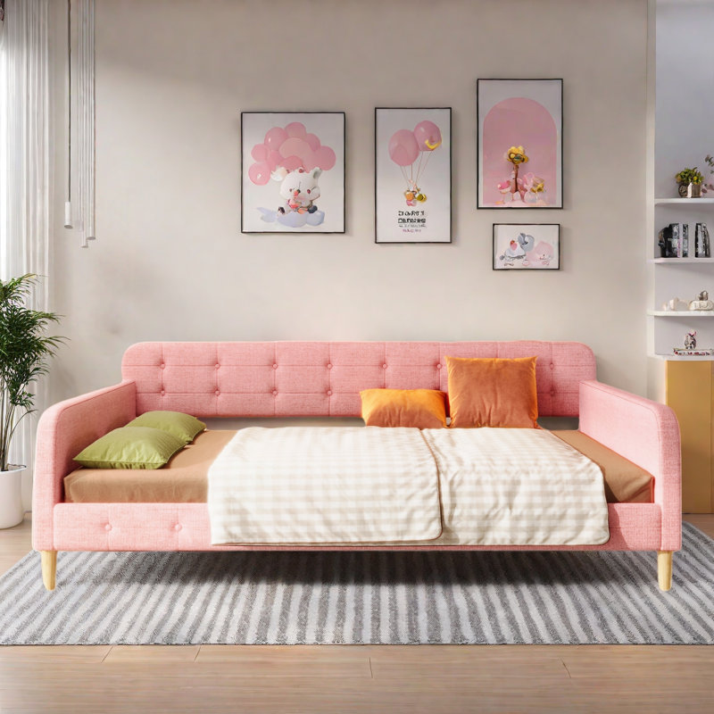 Lit de jour rembourré avec 4 pieds de soutien, Rose