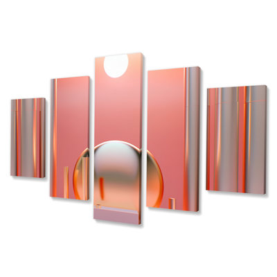«Futur Minimal Architecture Vintage Pink I», impression d'art mural architecture futuriste - 5 panneaux