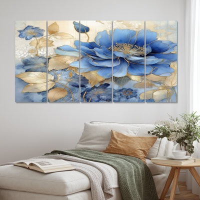 Blooming Blue Chrysanthemum Flower I - Art mural sur toile fleurs - 5 panneaux égaux