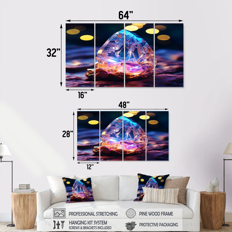 «Blue Amethyst Forest Quartz Crystal II - Stone Geode», art mural sur toile 4 pièces, H 28 po x l 48 po