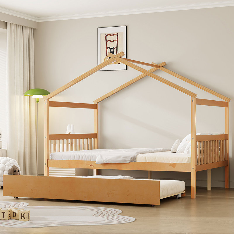Full Size Wooden House Bed With, Natural, Full, Natural