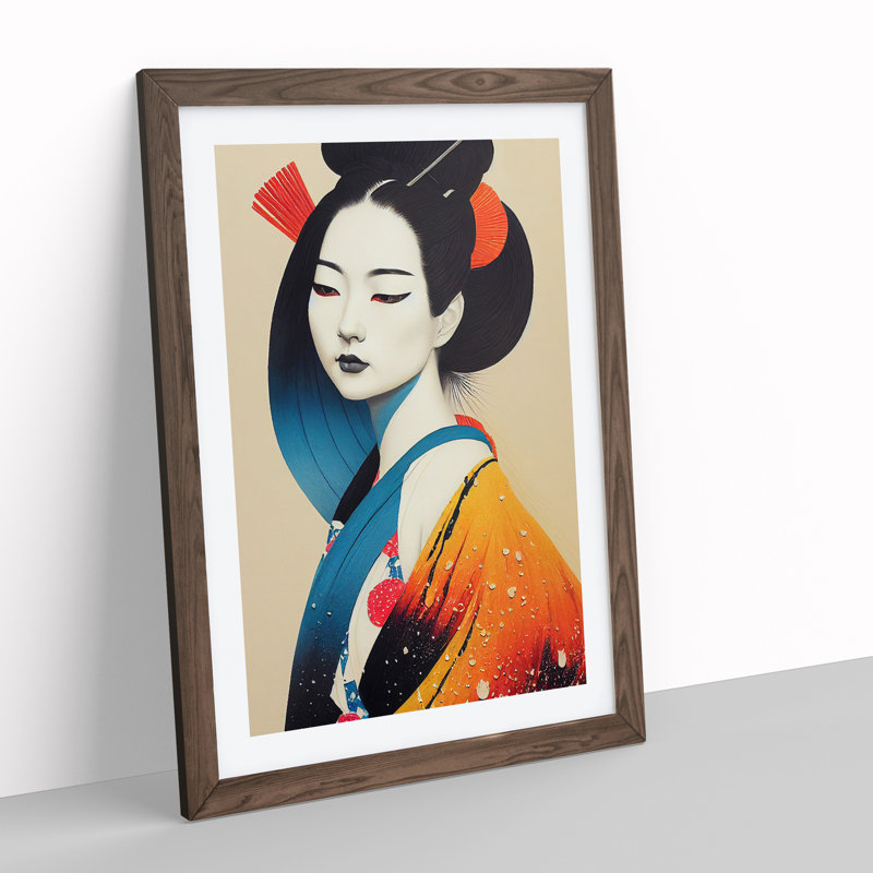 Colourful Geisha No.2 - Single Picture Frame Painting, 46cm H x 34cm W x 2cm D, Walnut